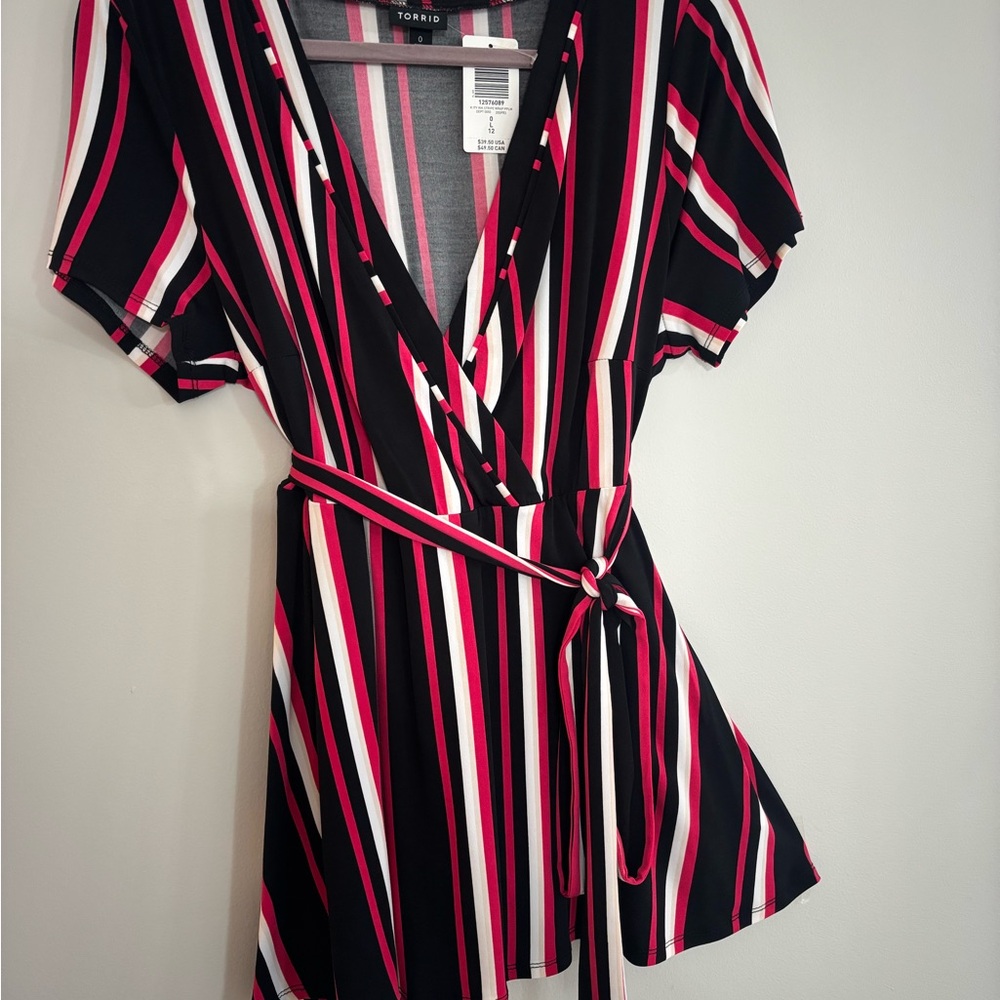 Torrid Black and Pink Striped Wrap Blouse